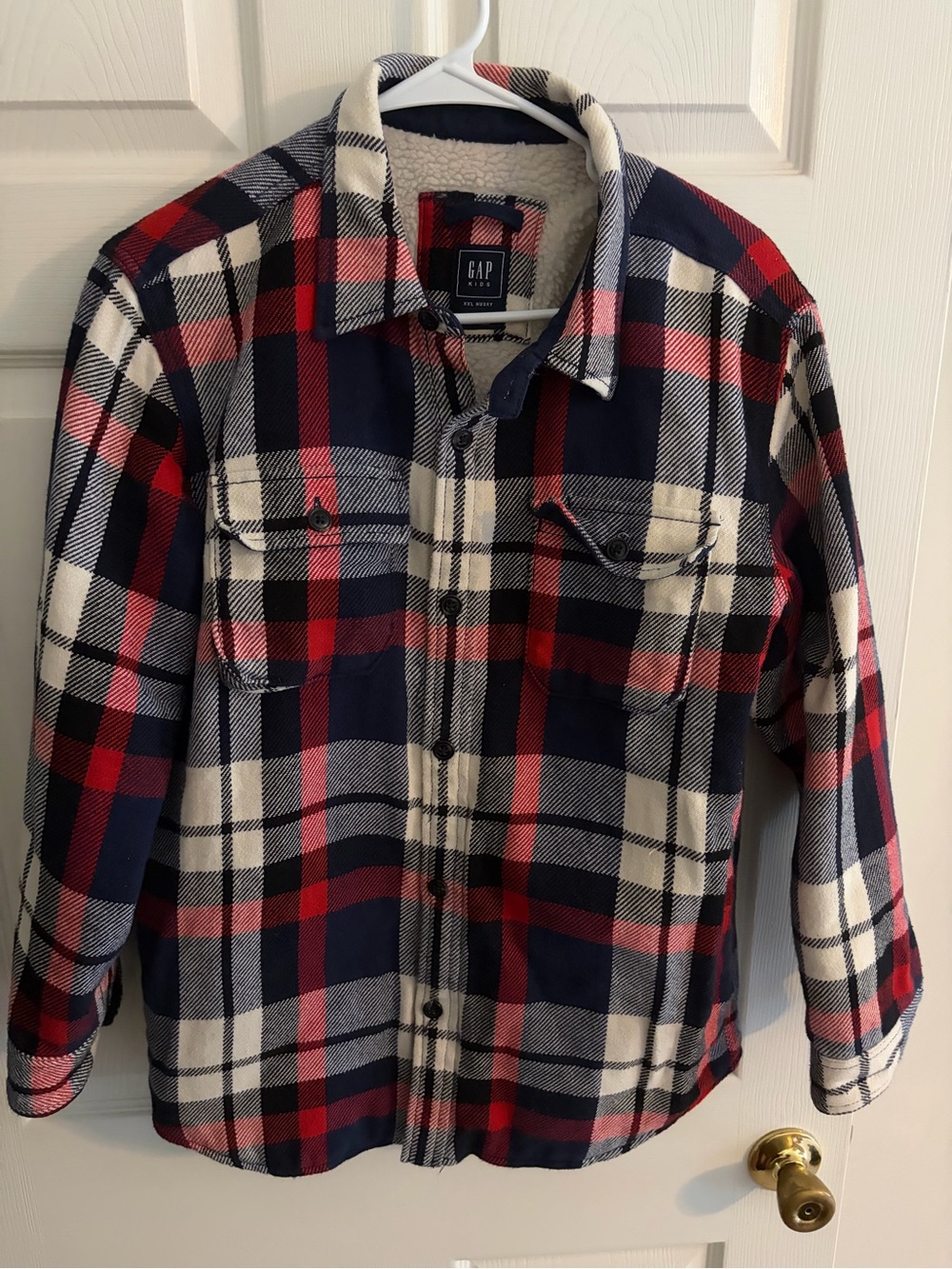 GAP Kid’s Navy Red White Plaid Sherpa-Lined Shirt Jacket